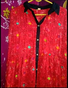 Red Printed Maxi Dress with Black Accents