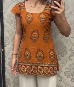 Orange Peacock Print Kurta