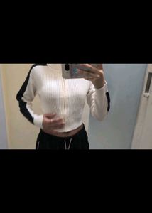 White Ribbed Zip-Up Sweater