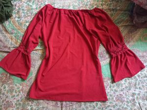 Red Bell Sleeve Lace Detail Top