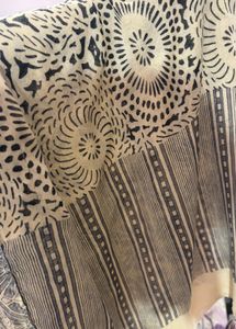Beige &amp; Black Printed Cotton Scarf with Tassels