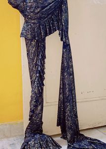 Saree Shimmer Blue &amp; Golden Sequence, Flayers Desi