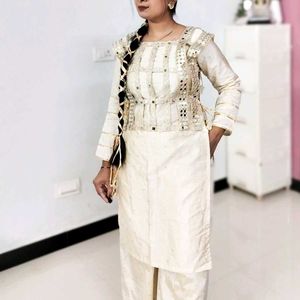 Elegant Cream Kurta Set with Palazzos, Shrug