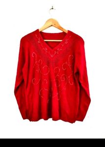 Red V-Neck Embellished Sweater