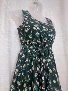 Dark Green Floral Print cotton Stretchable Dress