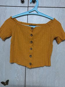 Off Shoulder Ribbed Button-Up Crop Top