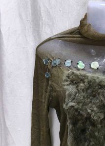 Unique Green Tunic Top with Fur Pocket