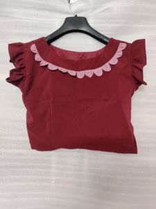 Maroon Side Open Blouse With Cute Neck Design