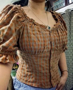 Cute Gingham Puff Sleeve Top