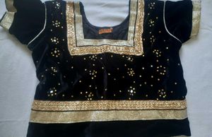 Elegant Black Velvet Blouse &amp; Beige Net Lehenga