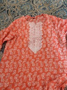 Orange Printed Kurta with White Lace Detail