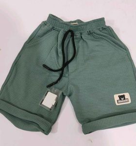Green Waffle Texture Shorts with Bear Patch