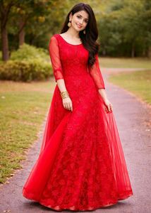 Red Embroidered Party Wear Kurta
