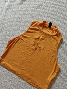 Orange Sleeveless Crop Top with Moon Graphic