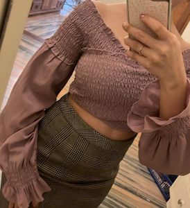 Smocked Off-Shoulder Bell Sleeve Crop Top