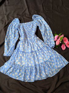 Blue Floral Tiered Midi Dress