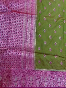 Beautiful Olive Green Saree with Pink Border