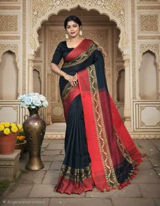 80)New Elegant Black &amp; Red Handloom Saree