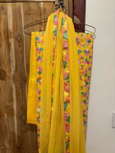Embroidered Yellow Kurta Set Material with Dupatta
