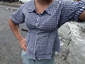 Navy Gingham Button-Up Top