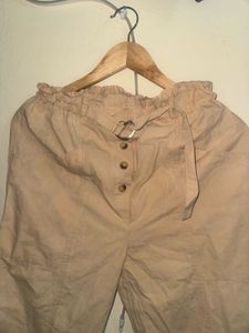 Women's Beige Paperbag Waist Pants