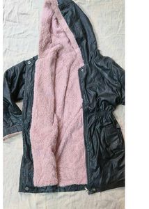 Black Faux Leather Parka with Pink Fur Trim