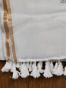 Elegant White Saree small zari border with Tassels