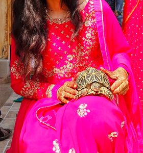 Rani Color Anarkali Kurti With Pant And Dupatta