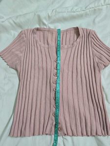 Cute Pink Ribbed Button-Up Top