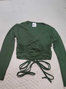 Green Ruched Tie-Front Crop Top