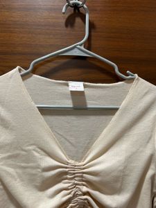Beige Ruched Long Sleeve Crop Top