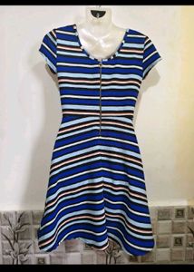 Blue Striped Zip-Front Mini Dress