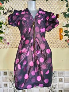 Puff Sleeve Polka Dot Zipper Dress