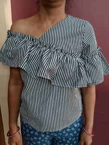 Striped One-Shoulder Ruffle Top