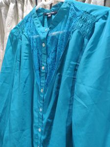 Teal Lace Detail Button-Up Blouse