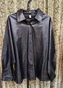 Black Faux Leather Button-Up Shirt