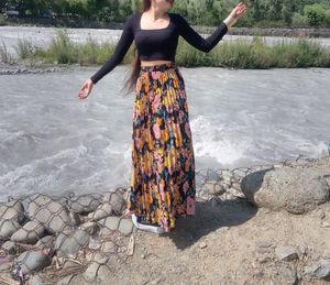 Black Square Neck Crop Top and Flower print skirt