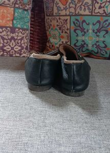 leather Black Loafer Flats with Gold Buckle