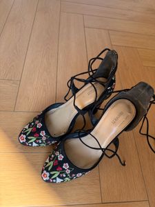 Forever 21 Black Floral Lace-Up Heels