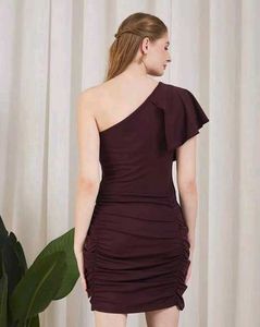 XS size Burgundy One-Shoulder ruffle Bodycon Dress