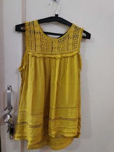 Yellow Crochet Neck Sleeveless Top