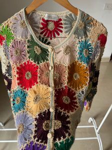 Multicoloured Floral Hand-Knit Crochet Cardigan