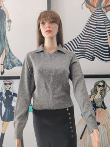 Gray Polo Collar Knit Top