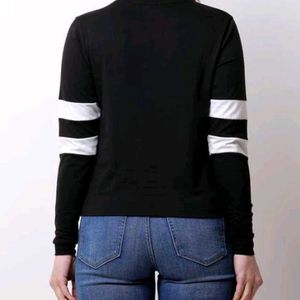 women Black two  T-Shirt with Striped Sleeves