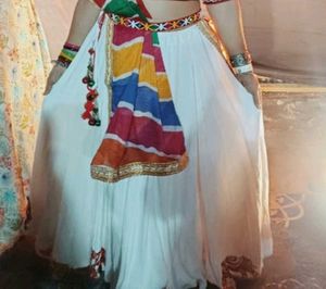 White Lehenga Set with Colorful Scarf
