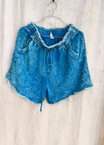 I. Blue Denim Ruffled Shorts