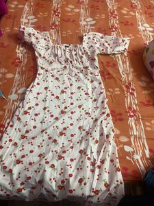 Chic White Cherry Print Midi Dress