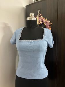 Baby Blue Ribbed Top with Lace Trim