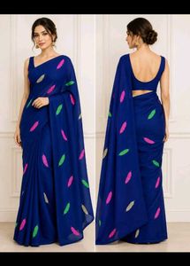 Royal Blue Saree with Feather Print