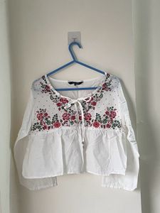 White Floral Print Peplum Top